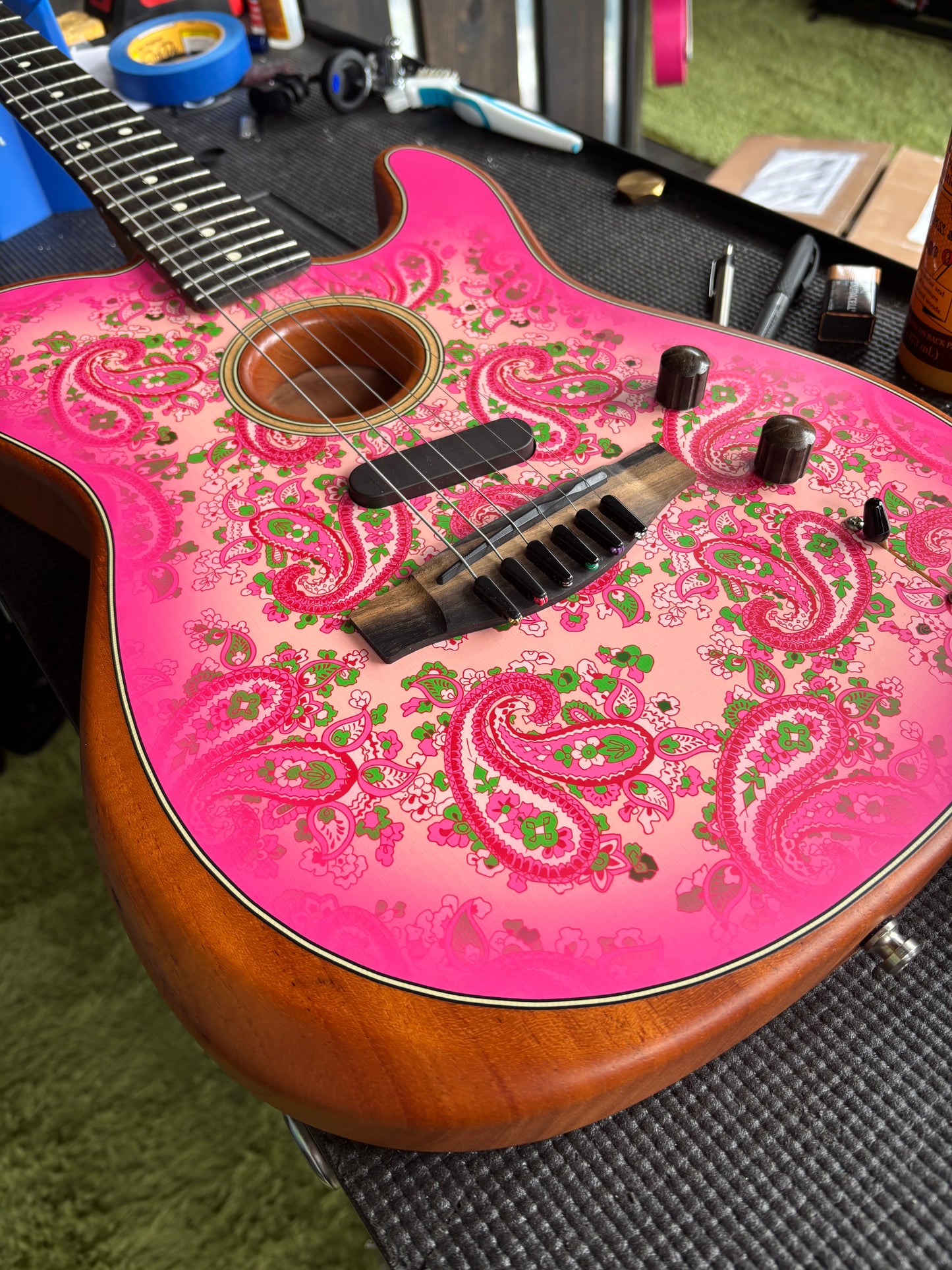 Used Fender USA Acoustasonic Telecaster Paisley Pink