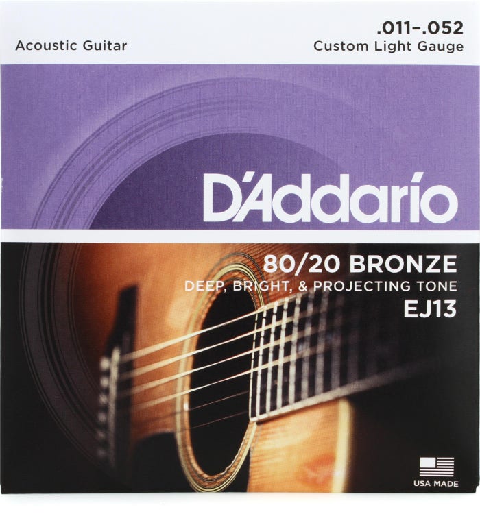 D'Addario EJ13 80/20 Bronze Acoustic Guitar Strings, Custom Light, 11-52 by D'Addario