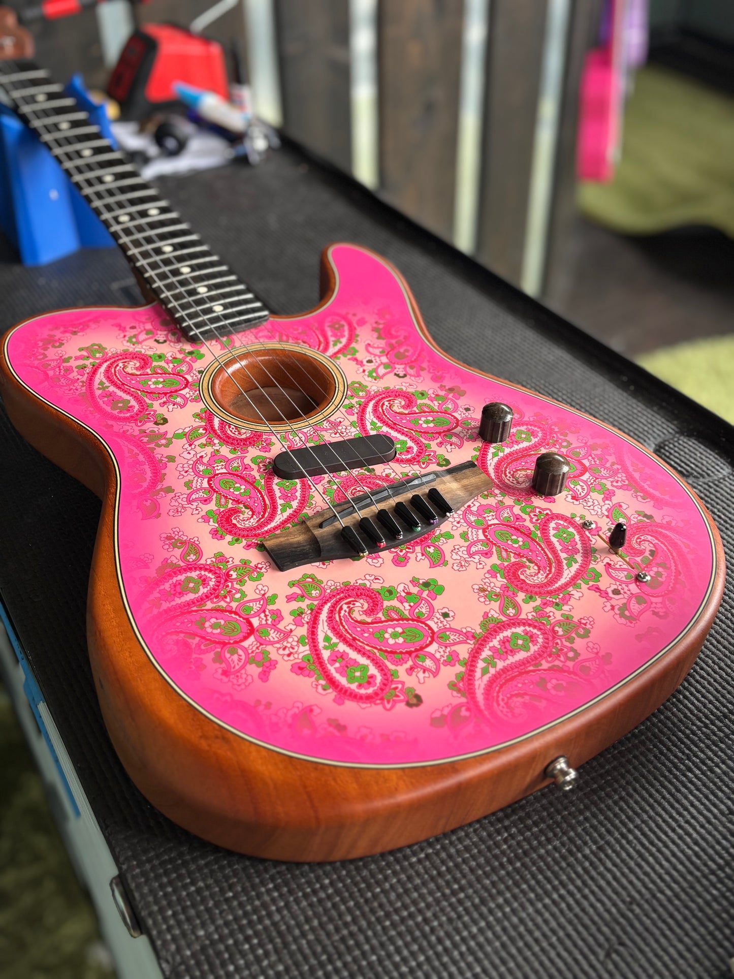Used Fender USA Acoustasonic Telecaster Paisley Pink