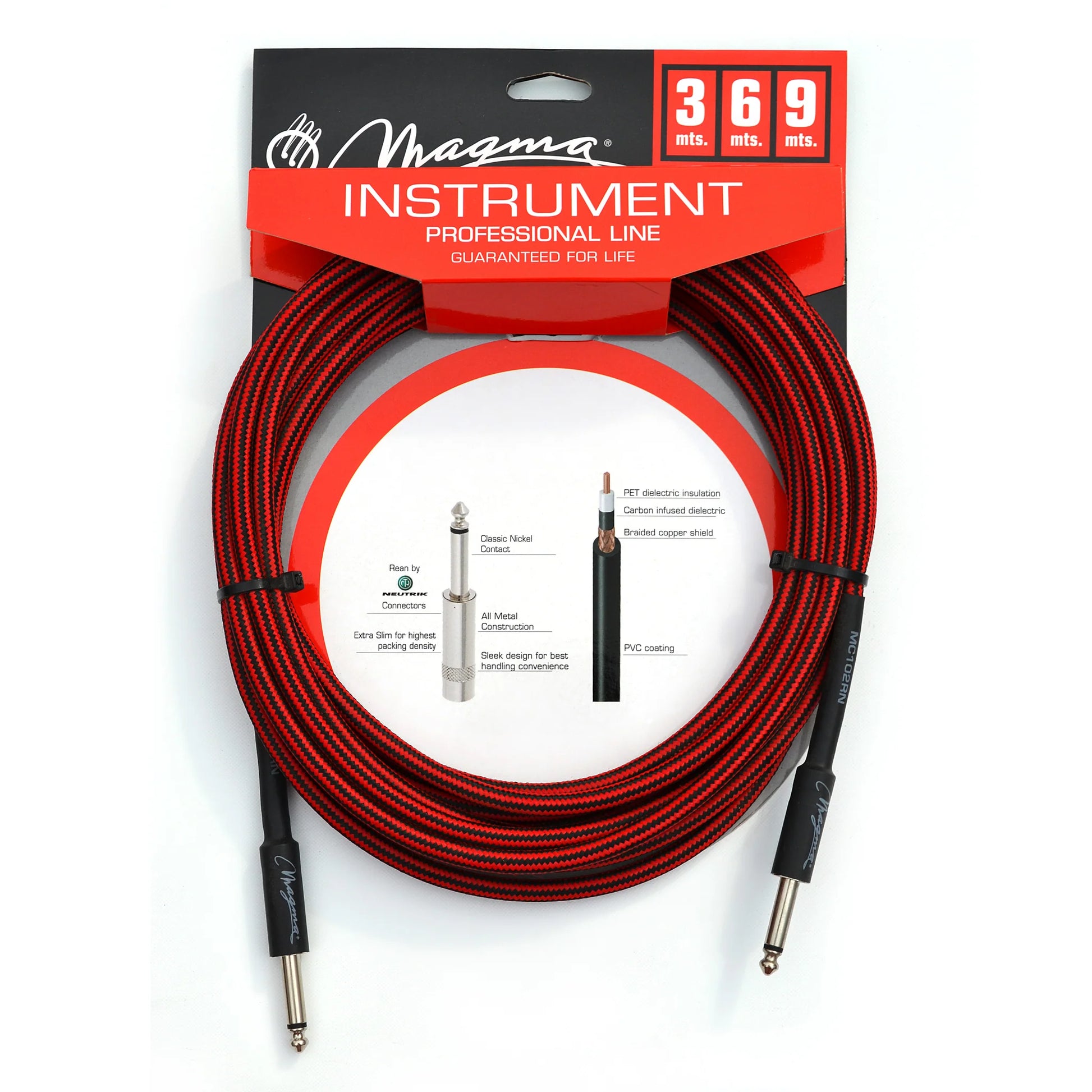 Red & Black Braided Coating Cable for instruments Plug 1/4 - Plug 1/4 Right Angle Neutrik - The Guitar Shop PGH