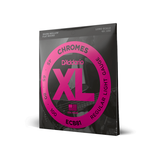 D'Addario XL Chromes Flatwound Bass Guitar Strings -.045-.100 Regular Light, Long Scale - The Guitar Shop PGH