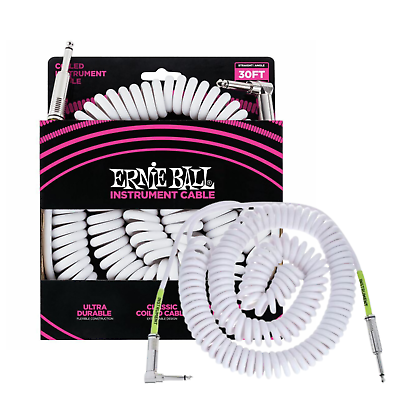 Ernie Ball P06045 Coiled Straight to Right Angle Instrument Cable - 30 foot White - The Guitar Shop PGH